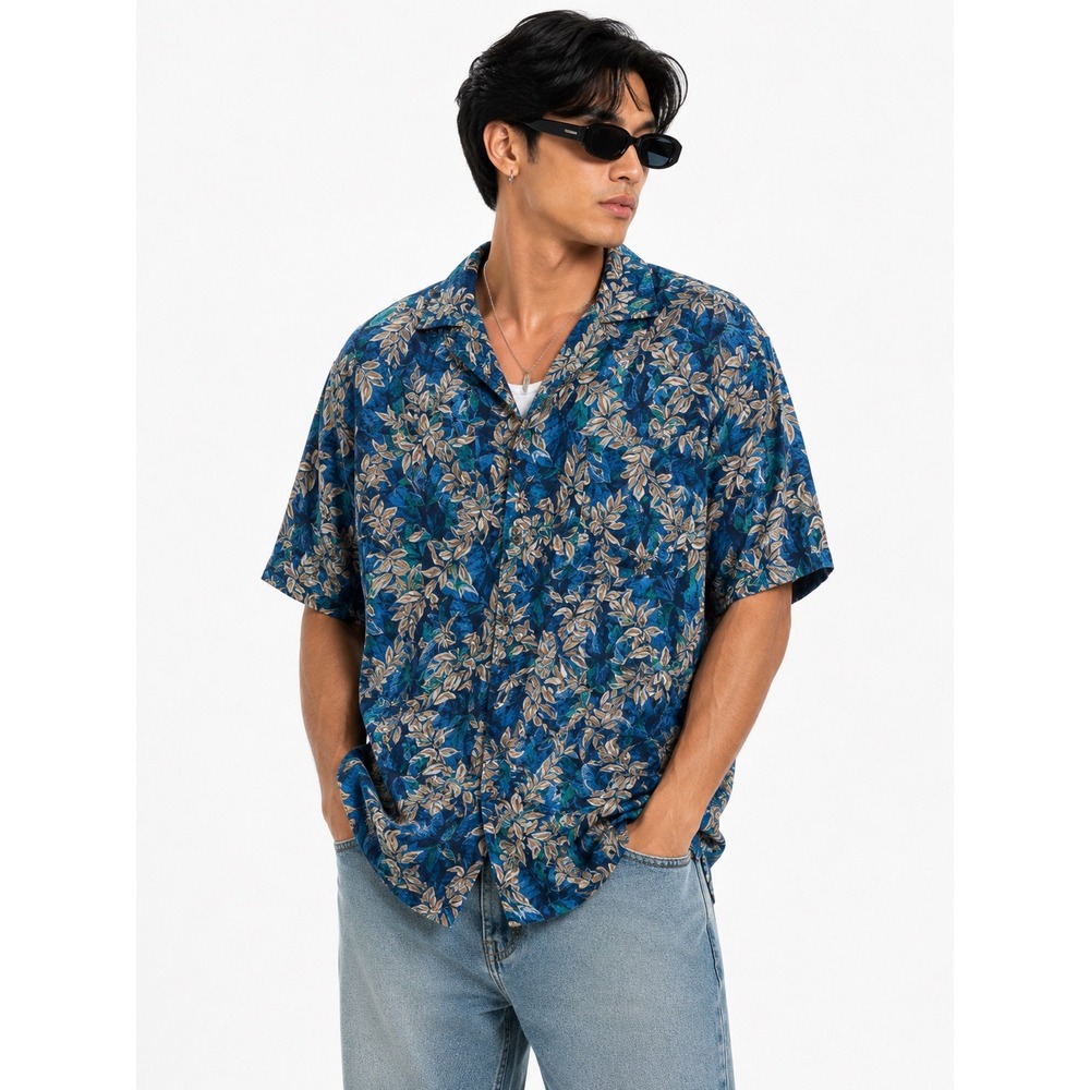 Hilo Hattie Button Down Shirt‎ Mens Small Blue Tropical Leaf Hawaiian Aloha
